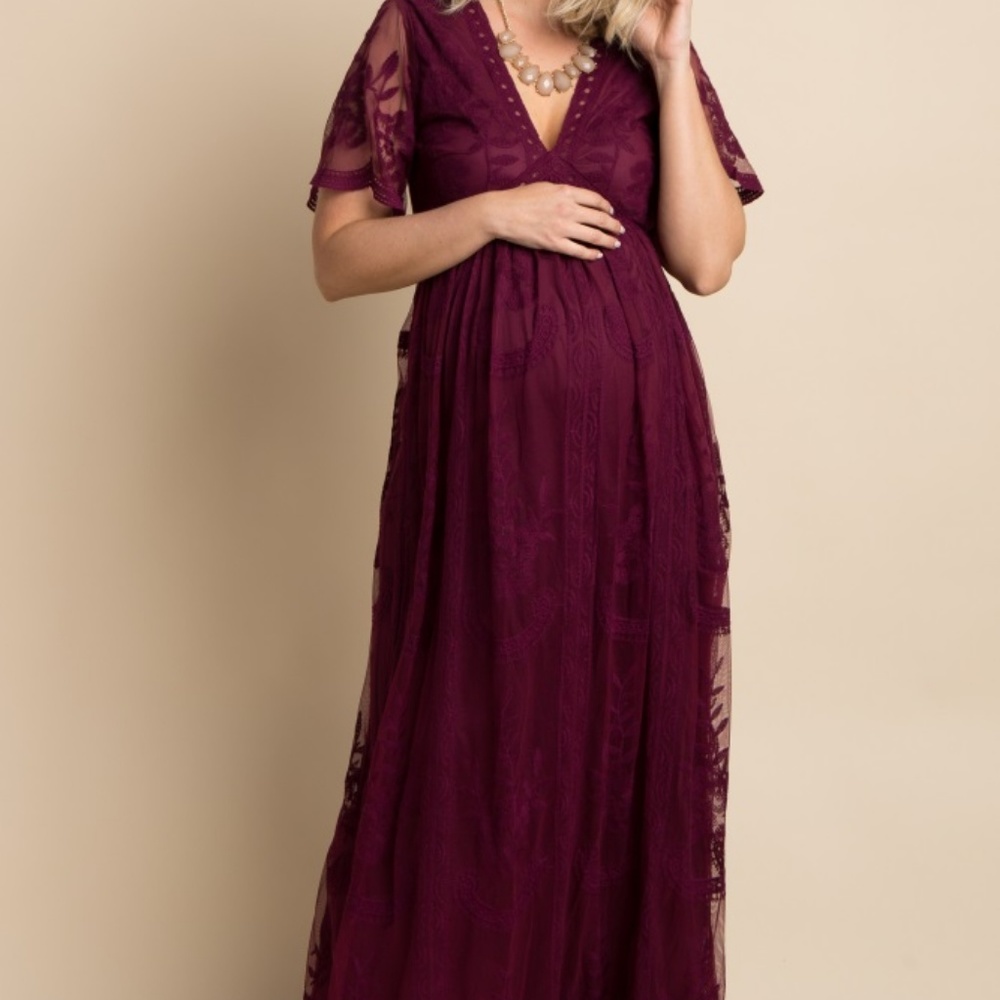Burgundy Lace Mesh Overlay Maternity Maxi Dress